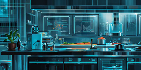 Modern futuristic kitchen with advanced holographic technology and stylish interiors.