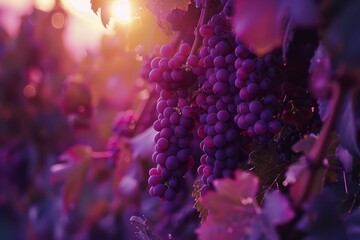 Vibrant grape plantation at sunset with ripe purple and pink fruits seen through macro lens