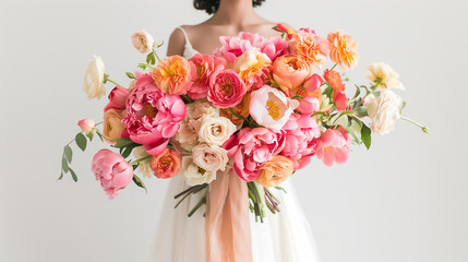 Luxurious wedding bouquet of ranunculus, peonies, chrysanthemums and roses in the hands of a bride in a wedding dress