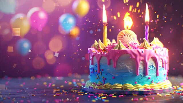 Animated background of birthday cake with copy space, birthday celebration concept