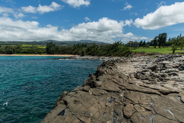 Scenic Honokahua bay vista with Dragon's Teeth rocks in the foreground, Maui, Hawaii