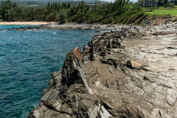Scenic Honokahua bay vista with Dragon's Teeth rocks in the foreground, Maui, Hawaii
