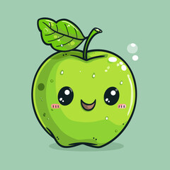 Obraz premium A cartoon apple with a smiling face and a leaf on top. The apple is green and has a light green stem