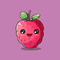 A cartoon strawberry with a big smile on its face. The strawberry is surrounded by green leaves and has a red stem