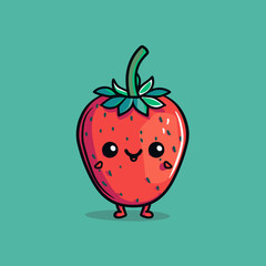 A cartoon strawberry with a smile on its face. The strawberry is sitting on a blue background. Scene is cheerful and lighthearted