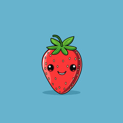 Obraz premium A cartoon strawberry with a smile on its face. The strawberry is sitting on a pink background. The cartoon strawberry is cute and friendly, and it looks like it's having a good time