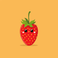 A cartoon strawberry with a smiling face on a yellow background. The strawberry is cute and friendly, and the yellow background adds a warm and inviting atmosphere to the image