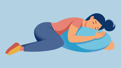 A person lays on their side hugging a bolster pillow to their chest in a gentle variation of the Sleeping Pigeon pose releasing tension in their hips. Vector illustration