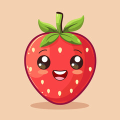 A cartoon strawberry with a big smile on its face. The strawberry is bright red and has a green leaf on top