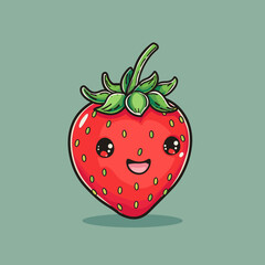 Obraz premium A cartoon strawberry with a smiling face on a yellow background. The strawberry is cute and friendly, and the yellow background adds a warm and inviting atmosphere to the image