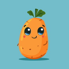 Fototapeta premium A cartoon orange with a leaf on top. The cartoon is smiling and has a happy expression. The orange is sitting on a brown background