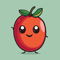 Obraz premium A cartoon Tamarillo is smiling and waving. The apple is red and has a green leaf on top