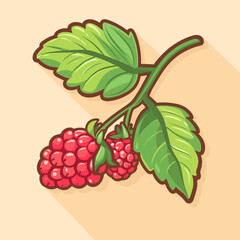 A close up of a raspberry bush with two ripe berries. The berries are red and the leaves are green