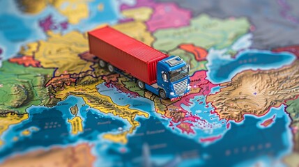 Truck with red container on map of europe, macro shot.