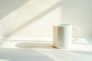 A single, white coffee mug with a funny slogan printed on it, resting on a pristine white background. Sunlight casts a soft shadow behind the mug.