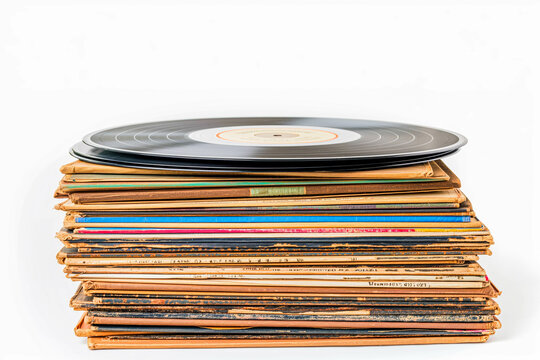 A stack of vintage vinyl records, each one a timeless classic, showcased against a clean white background.
