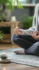 A woman sitting on a yoga mat with her hands raised up