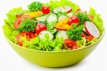 A vibrant bowl of fresh salad, bursting with colorful vegetables and healthy goodness, showcased against a white background.