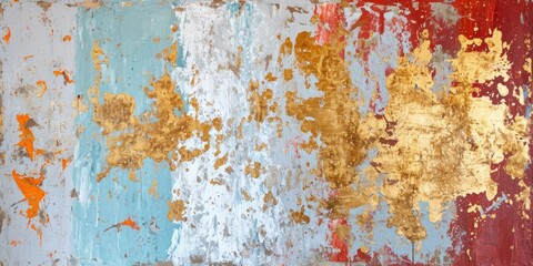 The abstract picture of the gold, blue and red colours that has been painted or splashed on the white blank background wallpaper to form the random shape that cannot be describe yet beautiful. AIGX01.