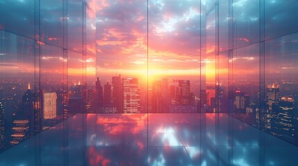 Fototapeta premium Modern city skyline with glass buildings and reflection on the water surface, sunset light in the sky, abstract background for business concept.