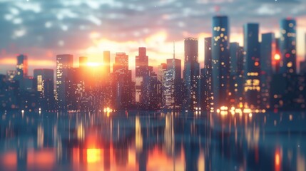 Modern city skyline with glass buildings and reflection on the water surface, sunset light in the sky, abstract background for business concept.