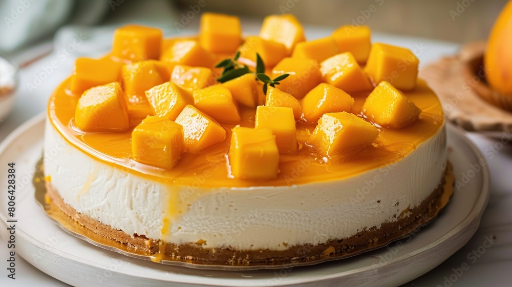 Wall mural delicious glazed mango no baked cheese cake with fresh diced mango pulp topping. generative ai