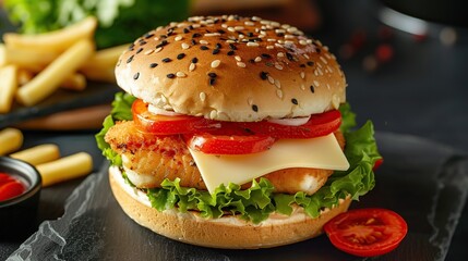 Delicious fish burger with tomatoes, cheese slices and fresh lettuce . Generative Ai - obrazy, fototapety, plakaty