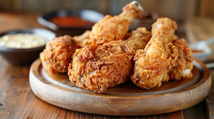 Delicious fried chicken set on wooden restaurant table. Generative Ai