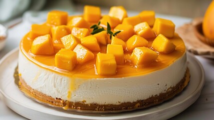 Delicious glazed mango no baked cheese cake with fresh diced mango pulp topping. Generative Ai