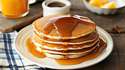 Delicious sweet pancakes with maple syrup and batter. Generative Ai