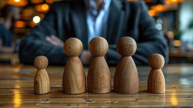 A man sits behind a wooden figure of a family. The wooden figures are arranged in a row, with the smallest one on the left and the largest one on the right