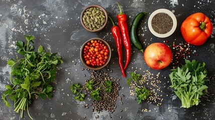 Healthy diet , Different vegetables, seeds and fruits on grey table. Generative Ai
