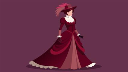 A stately Victorian gown in deep burgundy with a bustle and lace trim paired with operalength gloves and a small hat with feathers.. Vector illustration