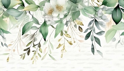 watercolor botanic, Leaf and buds. Seamless herbal composition for wedding or greeting card. Spring Border with leaves eucalyptus, love art