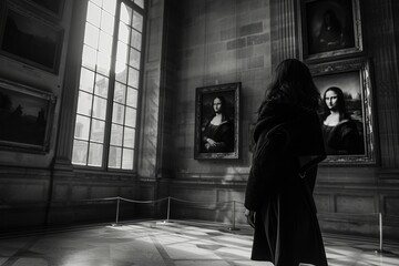 Back view of energetic woman walking in hall way and enjoy looking at impressive picture. Beautiful...