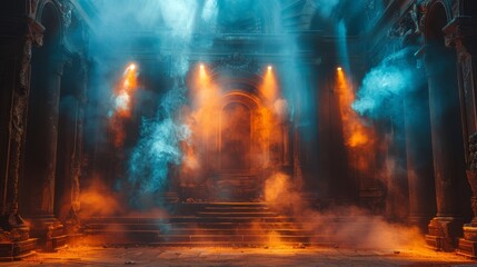 Photo of empty stage with spotlights, smoke and light effects.