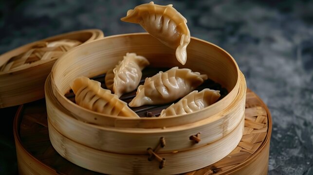 Falling chinese dumplings in a bamboo steamer box. Generative Ai