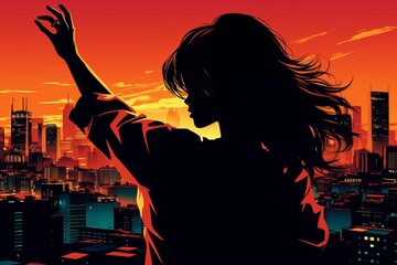Illustration of a silhouette of a woman dancing with retro vibes , vibrant color , City Pop - obrazy, fototapety, plakaty