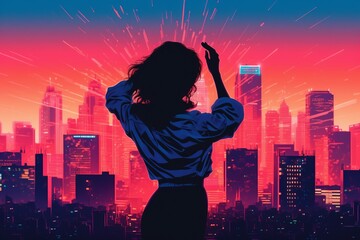 Illustration of a silhouette of a woman dancing with retro vibes , vibrant color , City Pop - obrazy, fototapety, plakaty