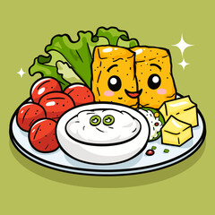 A cartoon plate of food with a white dip and a green leafy salad. The food is smiling and the dip is smiling too