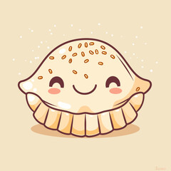 A cartoon Pierogi with a smile on its face. The Pierogi is yellow and has a happy expression