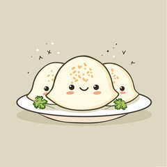 A cartoon drawing of a bowl of food Pierogi with a smiling face. The bowl is filled with various types of food Pierogi