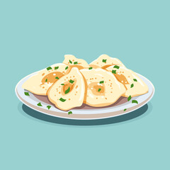 A plate of food Pierogi with a white plate. The food is a type of dumpling with a green garnish