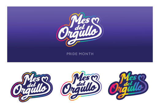 VECTORS. Pride Month logo in Spanish (Mes del Orgullo). LGBTQ+, lettering, handwritten, rainbow, heart