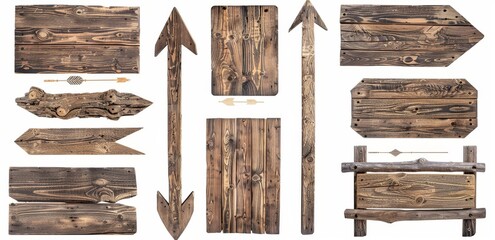 Set of wooden signpost with arrows isolated on white background.
