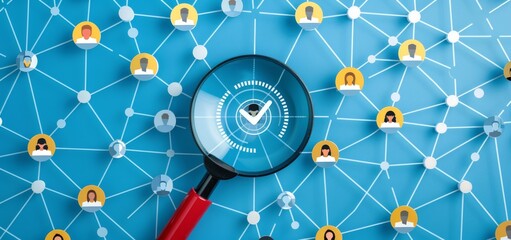 Artwork more resembles a magnifying glass with a target icon on a blue background and social network connections of people icons in a top view.