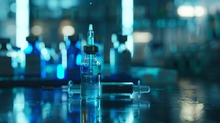 VFX and medical vials with blue liquid on laboratory table in the background, closeup of syringe for research.