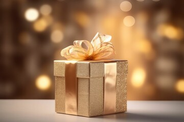 Gold Gift Box With Bow on Table