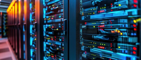 Naklejka premium Data Center Server Room, fiber optic, data center server, data center cloud, data center construction, data center abstract, data center server,