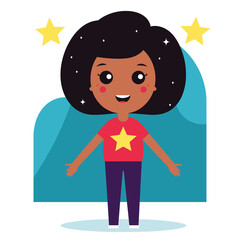 Young African American girl cartoon character standing stars around cheerful kid smiling happy. Cute child wearing red star shirt purple pants cosmic space theme night sky. Flat design joyful youth